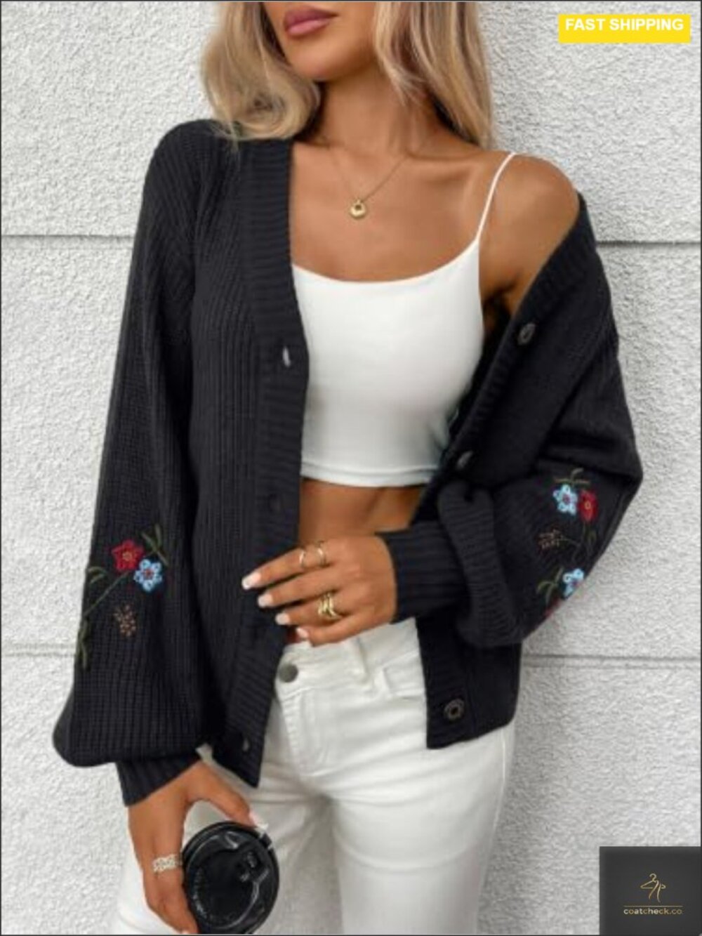 Floral Embroidered V-Neck Cardigan, Long Sleeve Button Down Knit - Picture 4 of 4